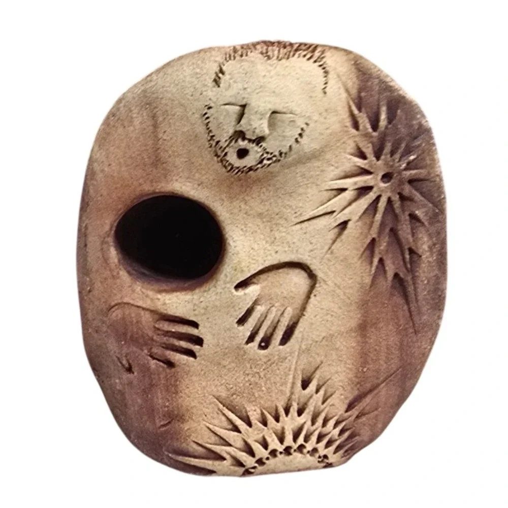 Vintage Father Spirit Sunrise Studio Pottery Hand Carved Clay Votive Holder Art